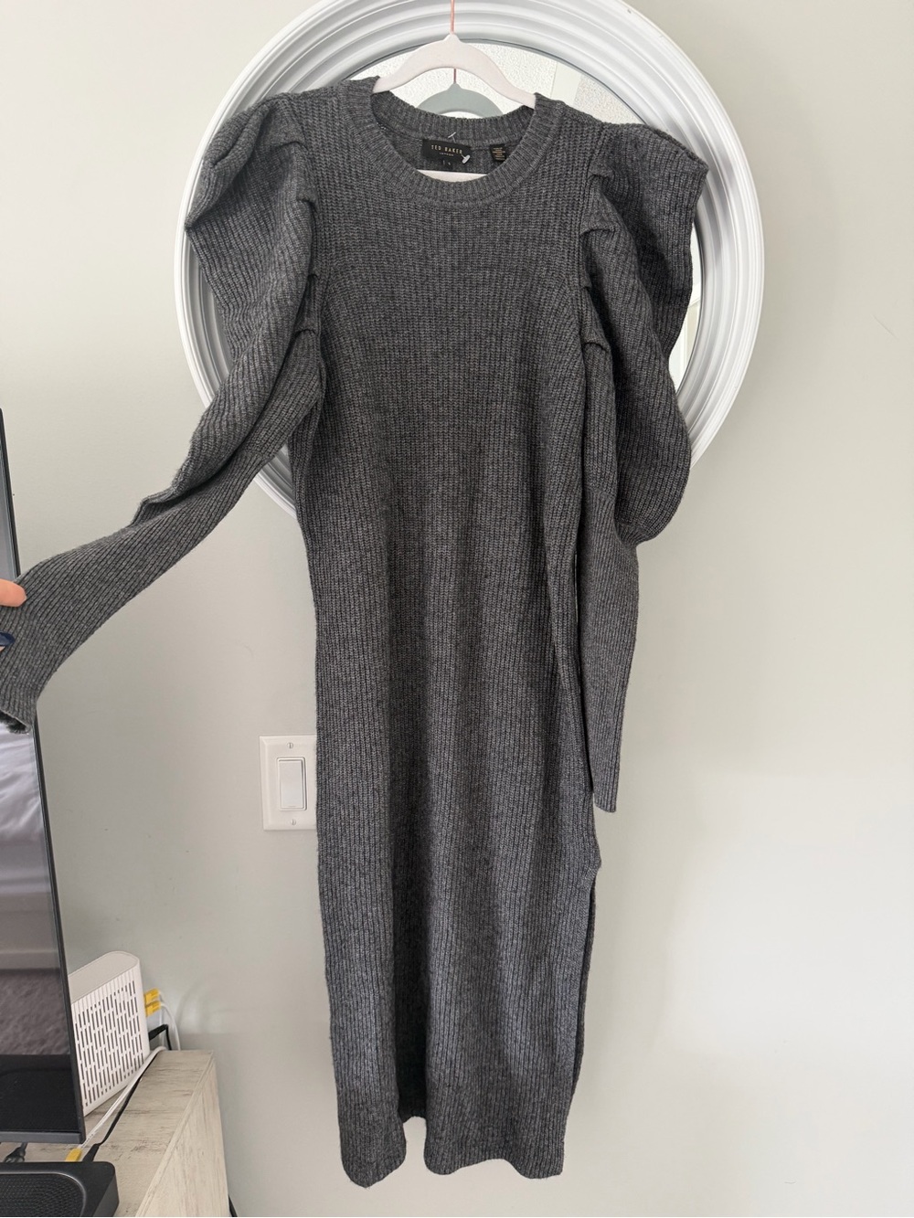 Ted Baker Charcoal Ribbed Puff-Sleeve Midi Dress